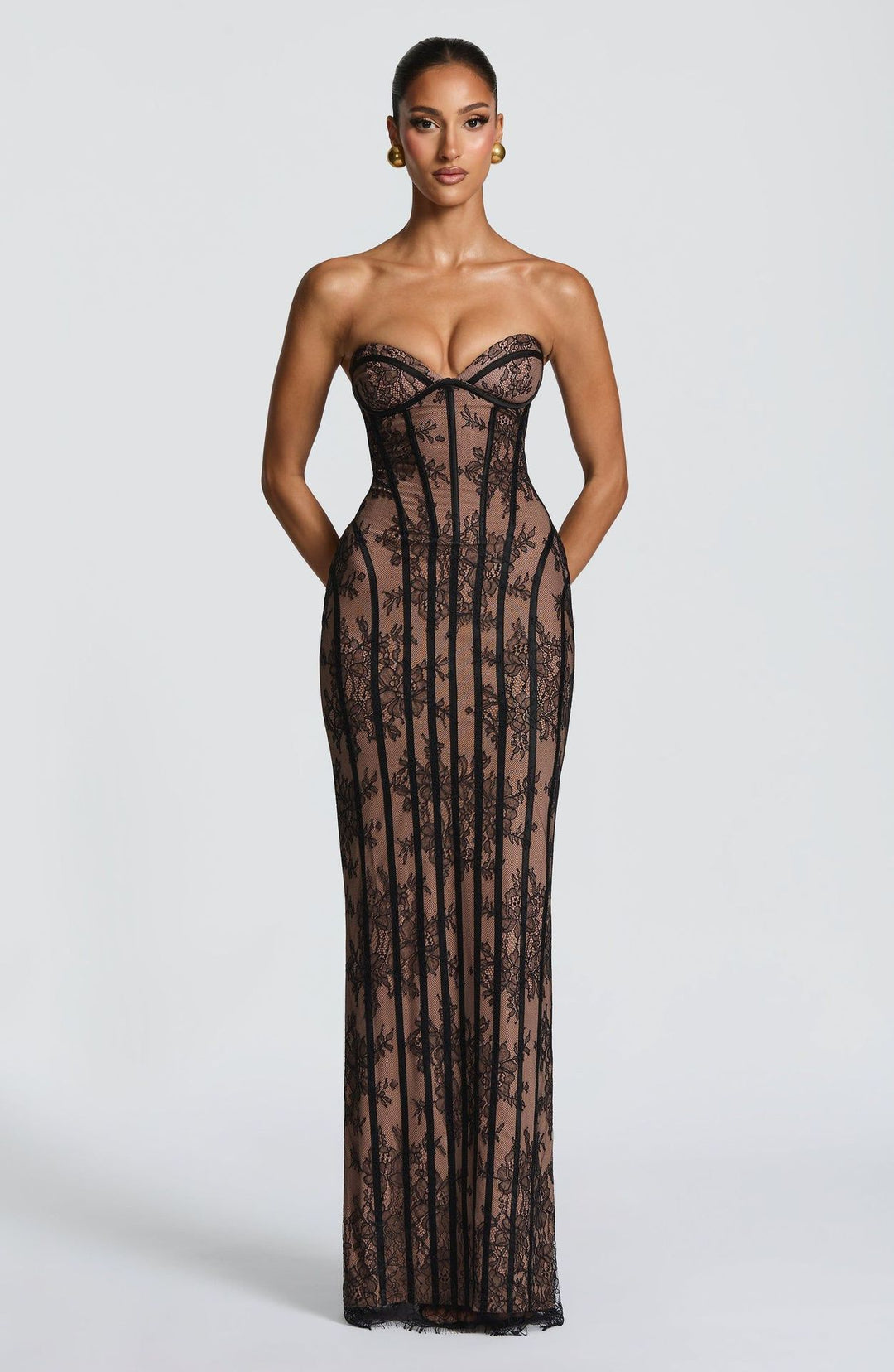 Damen figurbetontes Spitzenkleid mit Bustier-Oberteil und eleganten Details EB
