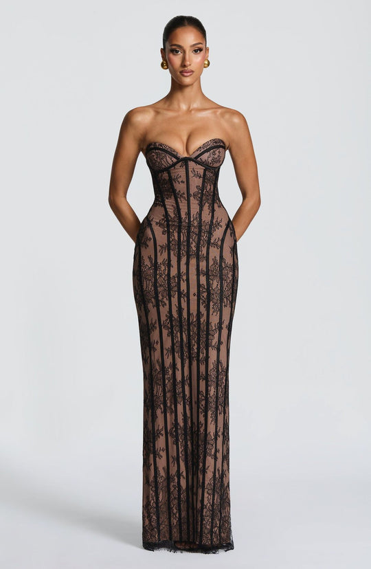 Damen figurbetontes Spitzenkleid mit Bustier-Oberteil und eleganten Details EB
