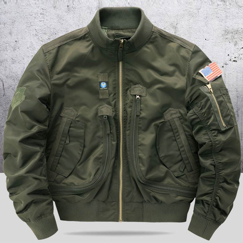 Men's  pilot-style cropped utility flight bomber with multi-zip pockets and ribbed collar EB