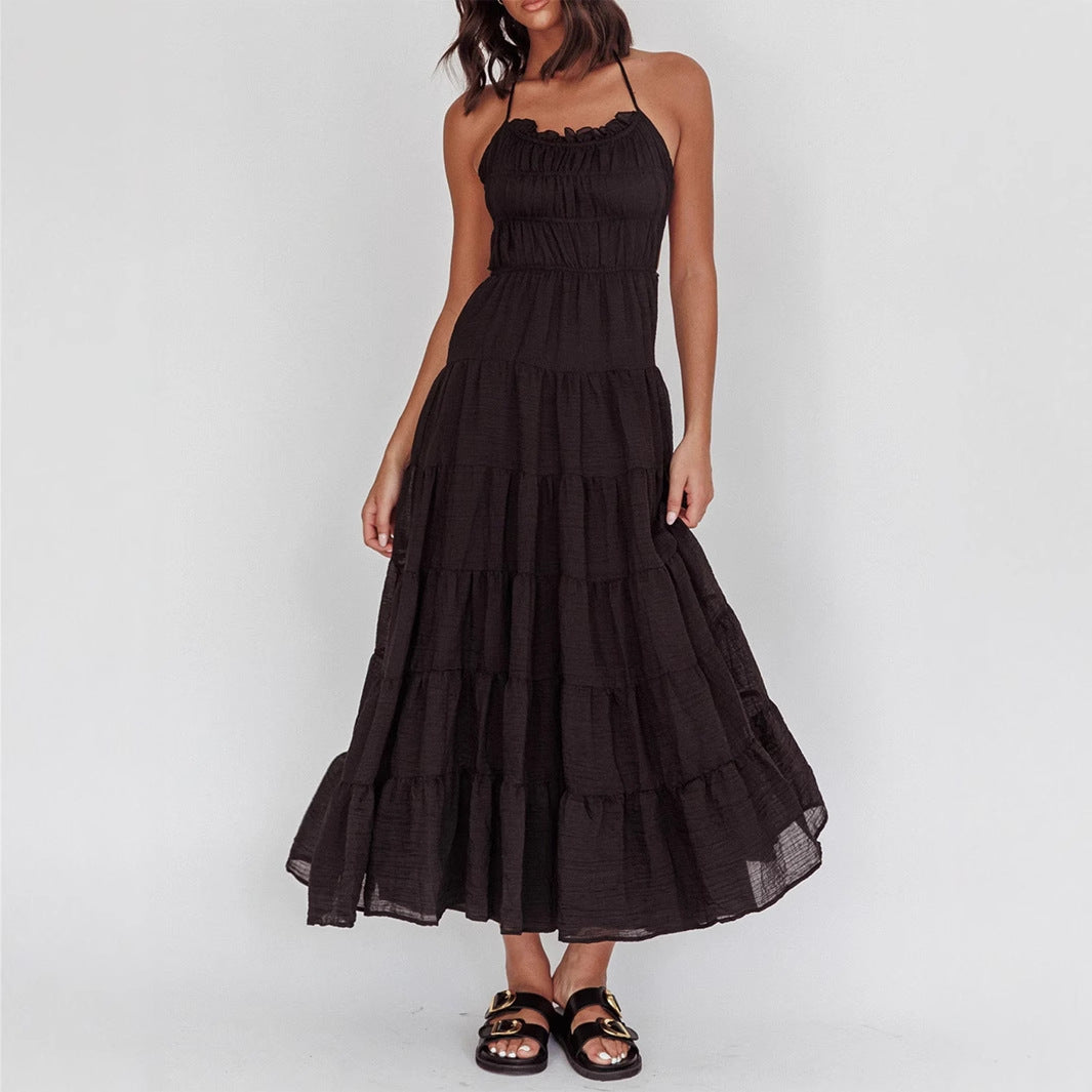 Damen luftiges Maxikleid mit Rüschendetails und elastischem Taillenbund EB