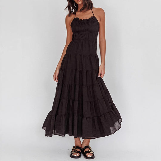 Damen luftiges Maxikleid mit Rüschendetails und elastischem Taillenbund EB