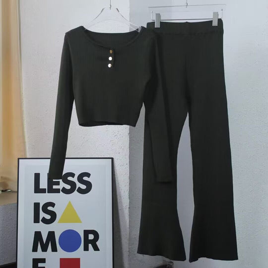 Damen lässiges Strick-Loungewear-Set mit Knopfdetails und weitem Bein EB
