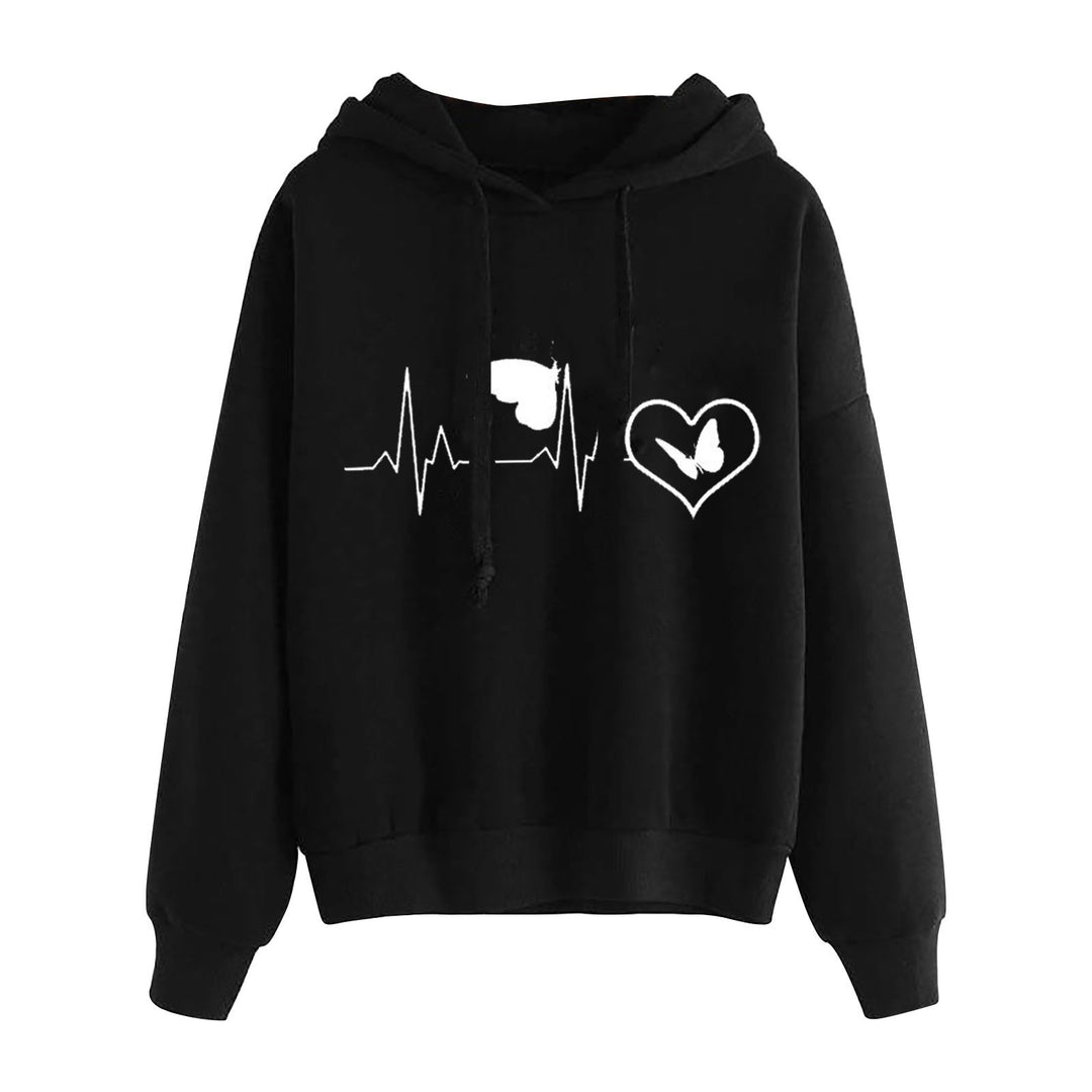 Damen nan leichter Oversize Kapuzenpullover mit Herz‑EKG‑Motiv, langen Kordeln und elastischem Bund EB