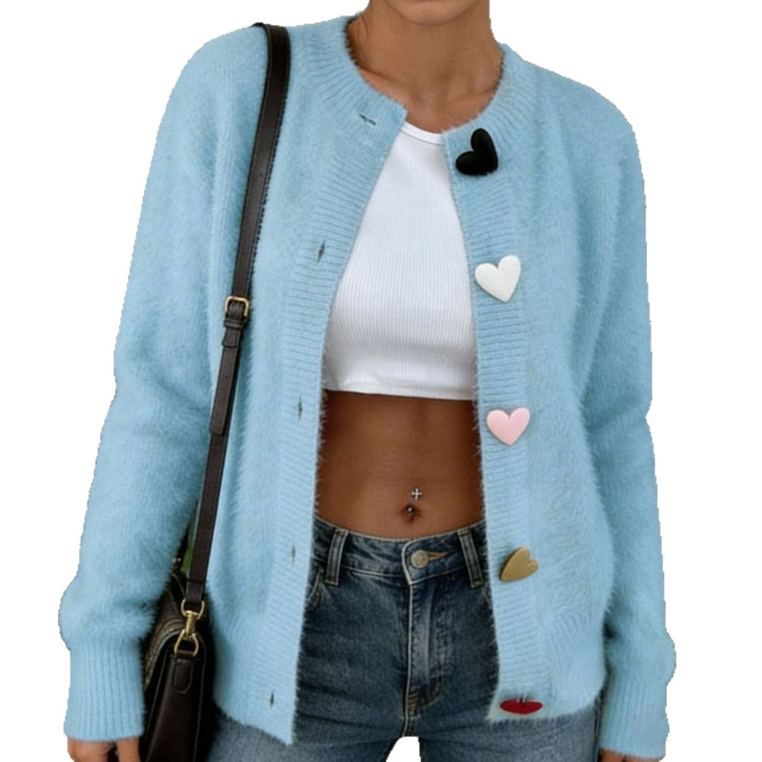 Damen Kurzgeschnittener Flauschcardigan mit dekorativen Herzknöpfen EB