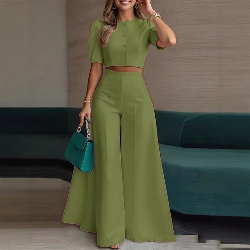 Damen elegantes kurzes Oberteil mit Puffärmeln und hochgeschnittenen Palazzo-Hosen EB