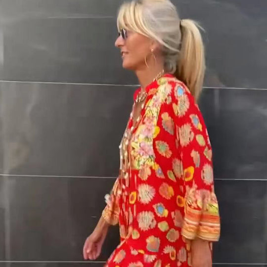 Damen Tunika-Kleid mit fließenden Ärmeln und bunten Mustern Heidi-Mode