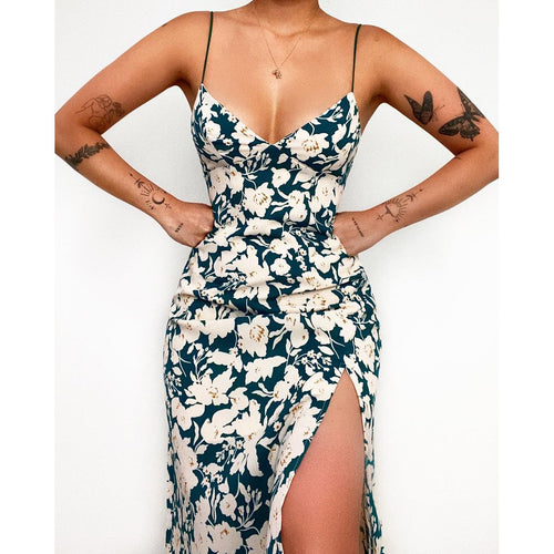 Damen Spaghettiträger Maxikleid mit floralem Design und hohem Schlitz EB