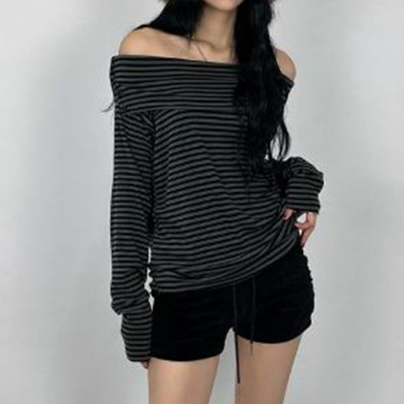 Damen nan schulterfreies Langarmshirt mit Carmen-Ausschnitt, taillierter Passform und feinem Streifenmuster EB