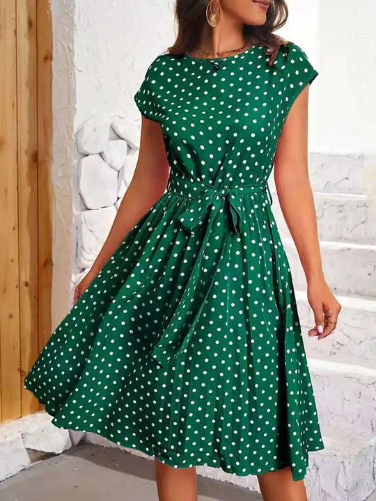 Damen Midikleid mit taillierendem Bindegürtel und verspieltem Polka-Dots Design EB