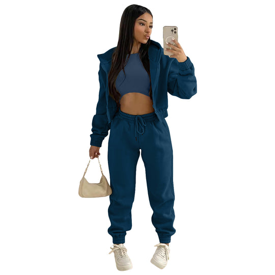 Damen stylischer Sportanzug mit lässiger Kapuzenjacke und elastischen Bundelementen EB