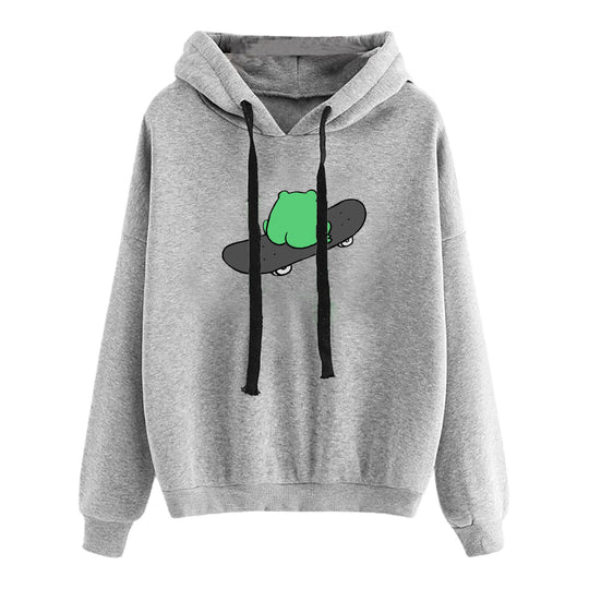 Damen nan kurz geschnittener Cropped-Kapuzenpullover mit niedlicher Frosch-Illustration und verstellbarer Kapuze EB