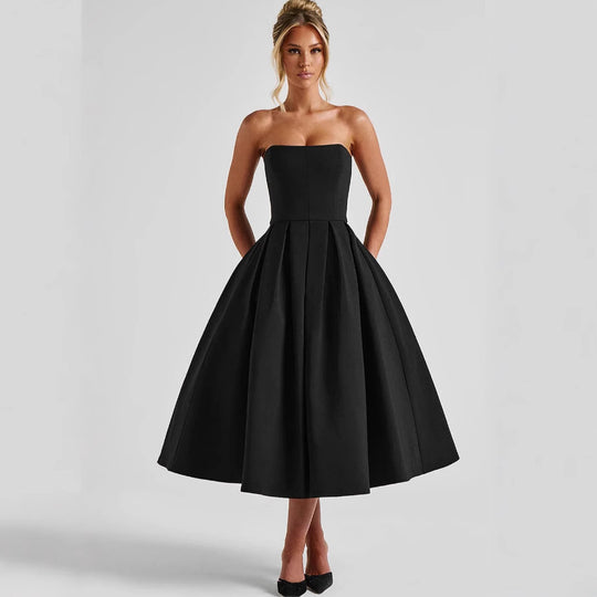 Damen A-Linien Abendkleid mit tiefem Wasserfallausschnitt und elegantem Plissee EB