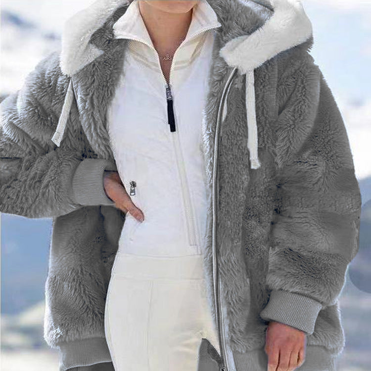 Damen nan kuschelige Kapuzen-Teddyjacke mit wattiertem Innenfutter und Rippbündchen EB