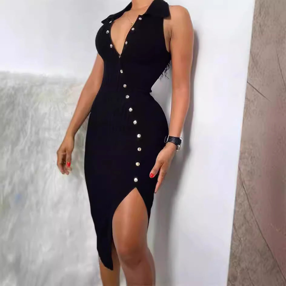 Damen Elegantes Kleid mit Knopfleiste und hohem Schlitz EB