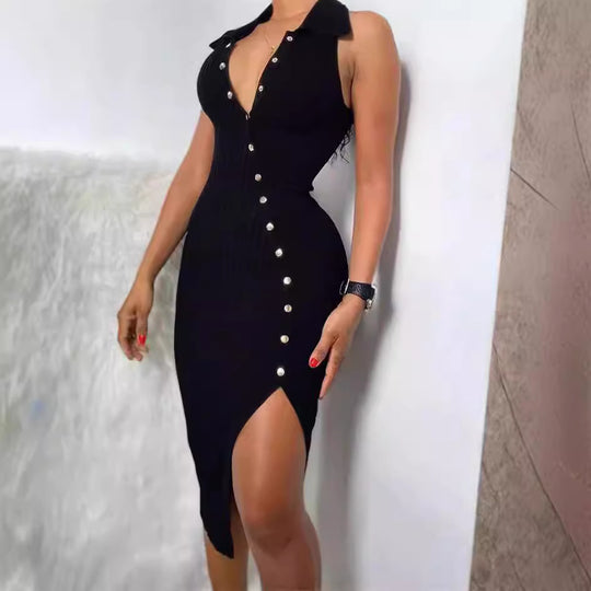 Damen Elegantes Kleid mit Knopfleiste und hohem Schlitz EB