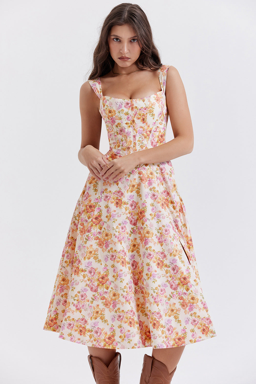 Damen Midikleid mit schulterfreiem Design und floralem Muster EB