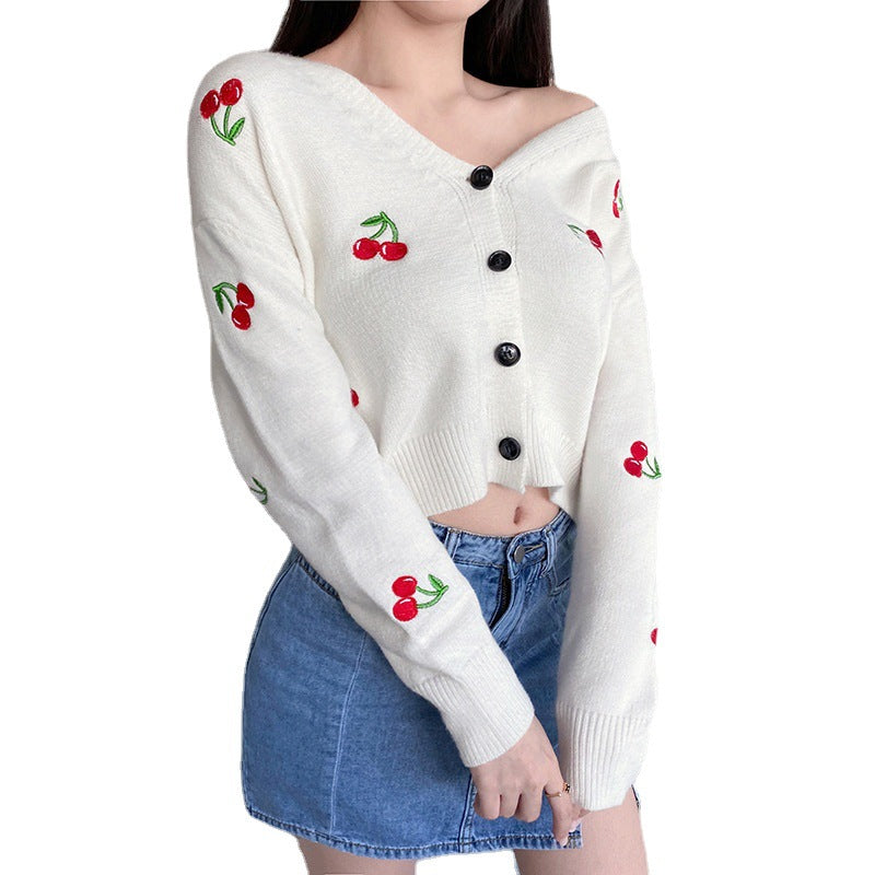 Damen Strickjacke mit verspieltem Kirschmotiv und knöpfbarem Design EB