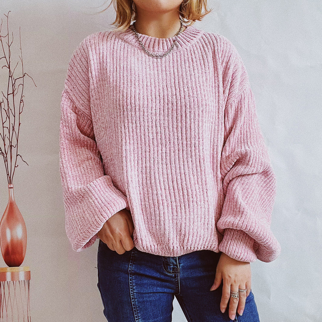 Damen Grobstrickpullover mit romantischem Rippenmuster und weiten Ärmeln EB