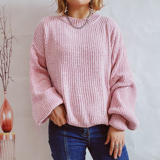 Damen Grobstrickpullover mit romantischem Rippenmuster und weiten Ärmeln EB