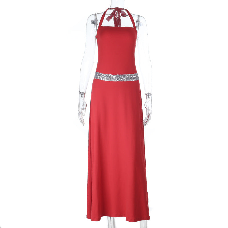 Damen elegantes Maxikleid mit schimmerndem Halterdesign und glitzerndem Taillengürtel EB