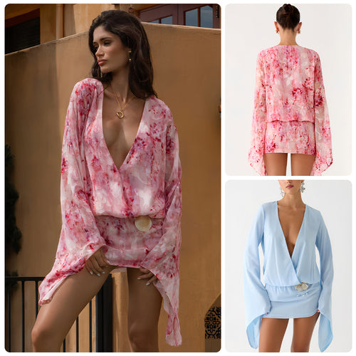 Damen Kimono-Kleid mit fließendem Schnitt und elegantem V-Ausschnitt EB