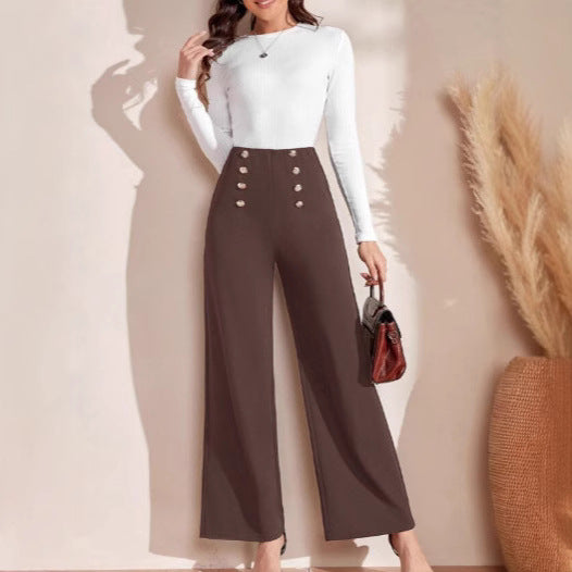 Damen Hochwaisted Weite Hose mit dekorativen Knöpfen EB