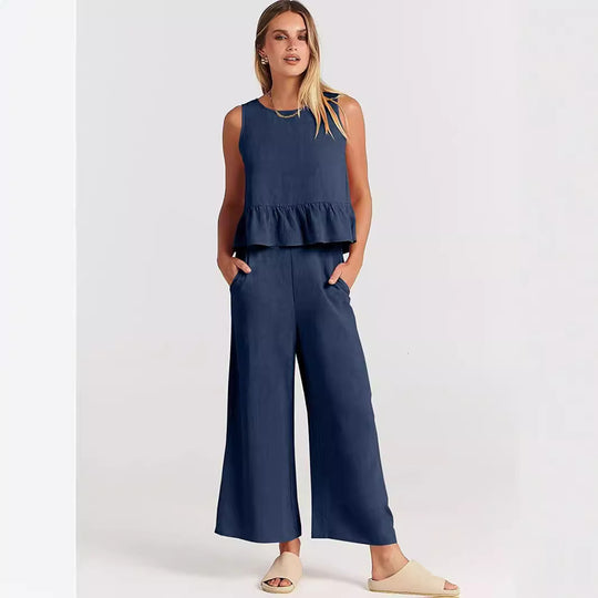 Damen Lässiger Peplum-Jumper mit weit geschnittenen Hosen EB