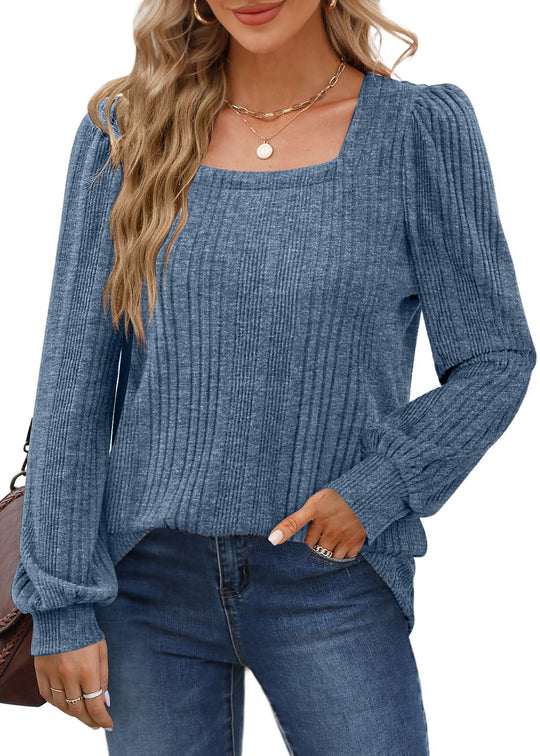 Damen gemütlicher Strickpullover mit Rippstruktur und Puffärmeln EB