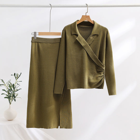 Damen elegantes Strickensemble mit Wickeloberteil und raffinierter hoher Taillierung EB