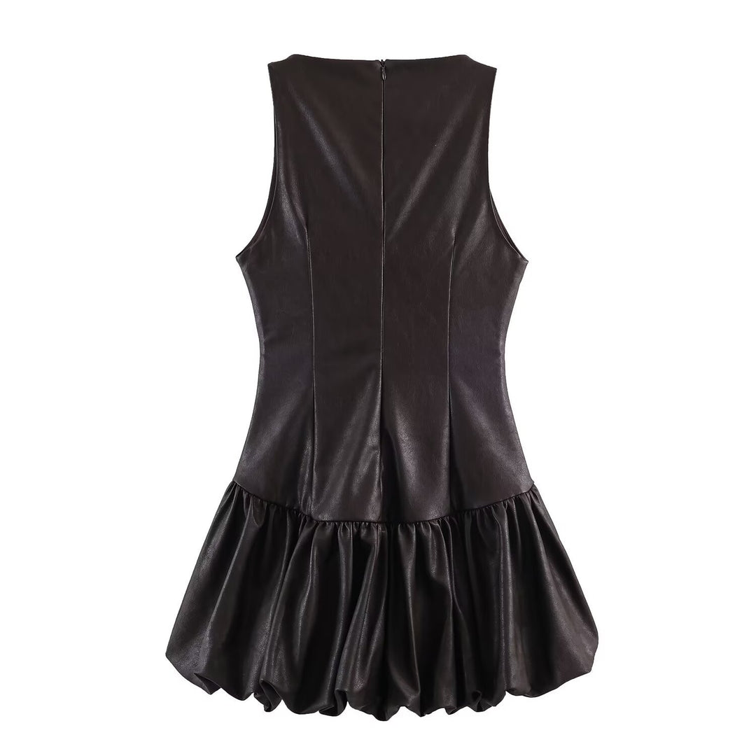 Damen ärmelloses Kunstlederkleid mit voluminösem Rock EB