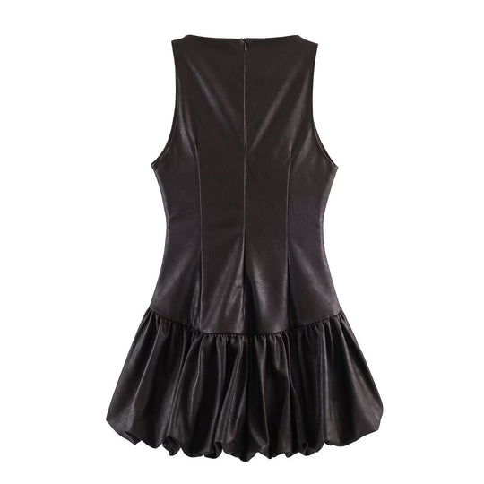 Damen ärmelloses Kunstlederkleid mit voluminösem Rock EB
