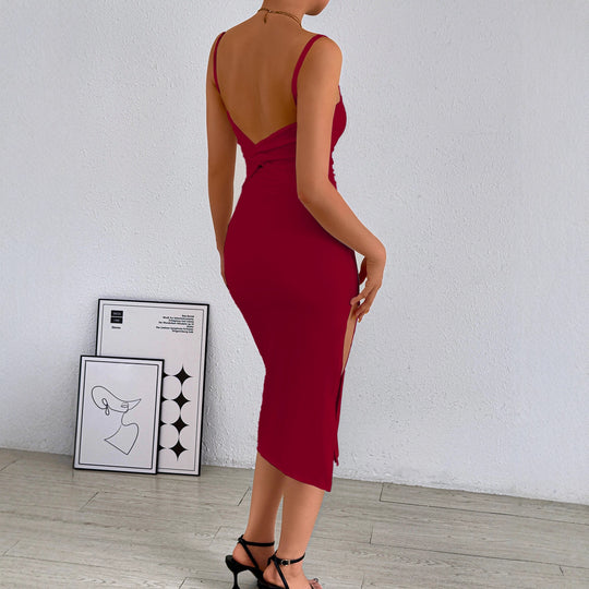 Damen figurbetontes Midi-Kleid mit schulterfreien Trägern und tiefem Schlitz EB