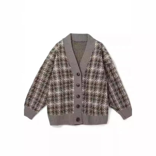 Damen Gemusterter Cardigan mit Knopfleiste und V-Ausschnitt EB