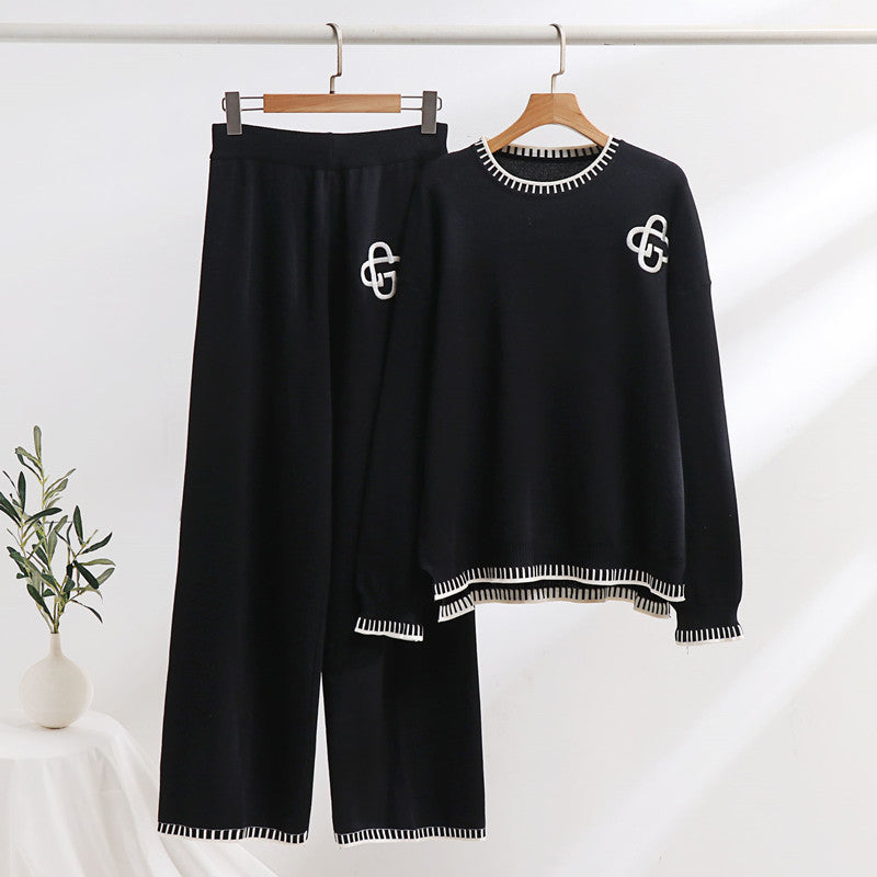 Damen lässiges Strick-Loungewear-Set mit dekorativen Kontrastdetails EB