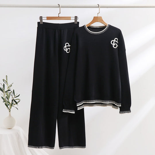 Damen lässiges Strick-Loungewear-Set mit dekorativen Kontrastdetails EB
