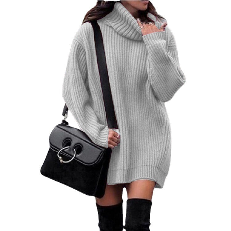 Damen Strickkleid mit hohem Kragen und Rippenstruktur EB
