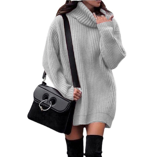 Damen Strickkleid mit hohem Kragen und Rippenstruktur EB