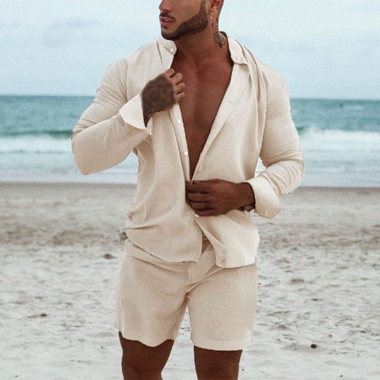 Herren modisches Freizeit-Set mit langarmigem Hemd und Shorts EB