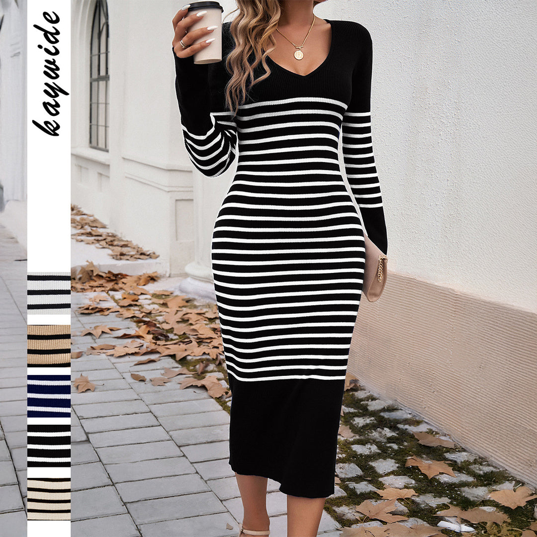 Damen nan gestreiftes Rippstrick-Midikleid mit V-Ausschnitt, taillierter Silhouette und ausgestellten Ärmeln EB