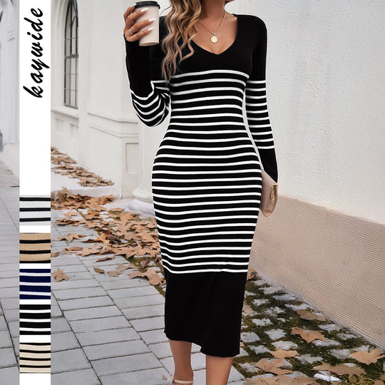Damen nan gestreiftes Rippstrick-Midikleid mit V-Ausschnitt, taillierter Silhouette und ausgestellten Ärmeln EB