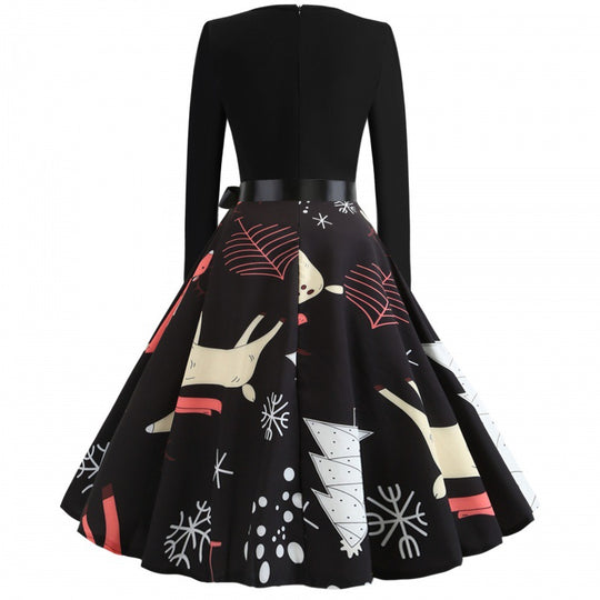 Damen festliches A-Linien Kleid mit weihnachtlichem Rentier-Print und Satin-Taillenband EB