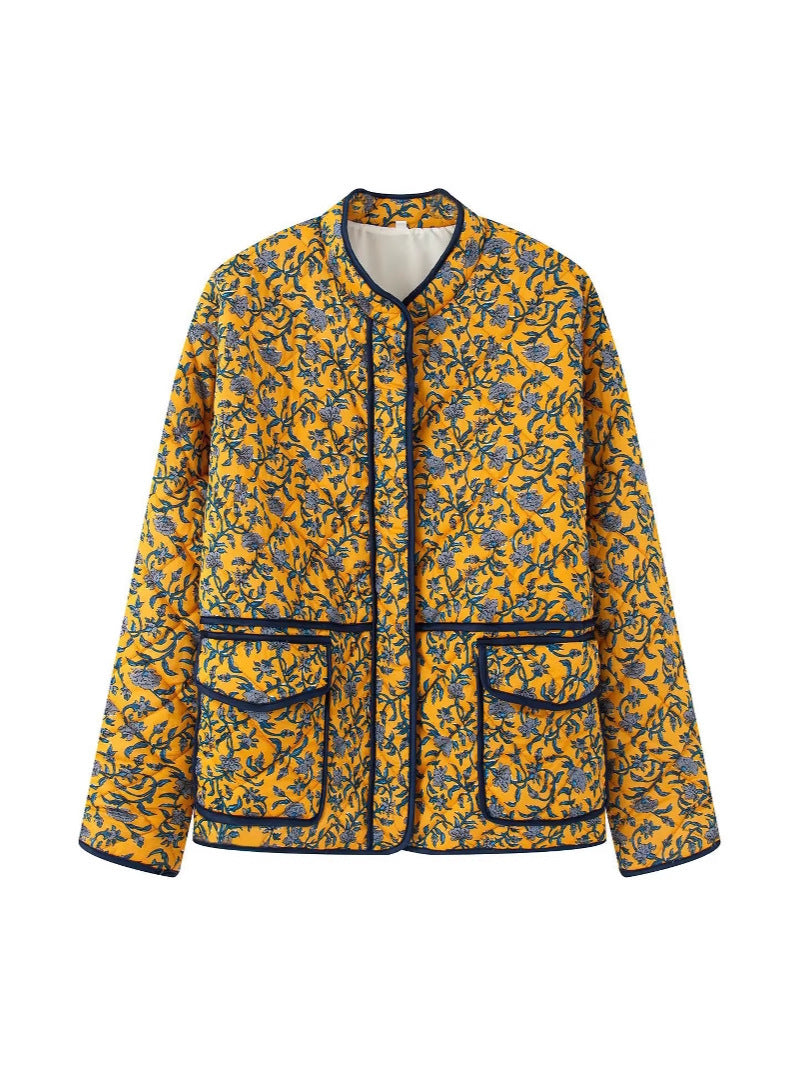 Damen gestepptes Blütenmuster-Jacke mit praktischen Taschen EB