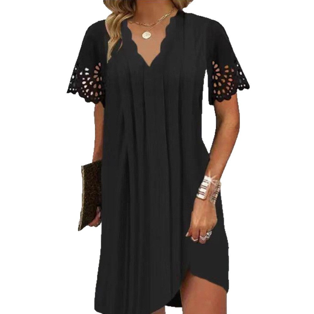 Damen nan knielanges A-Linien-Kleid mit geschwungenem V-Ausschnitt, Lochspitzenärmeln und seitlichem Beinschlitz EB