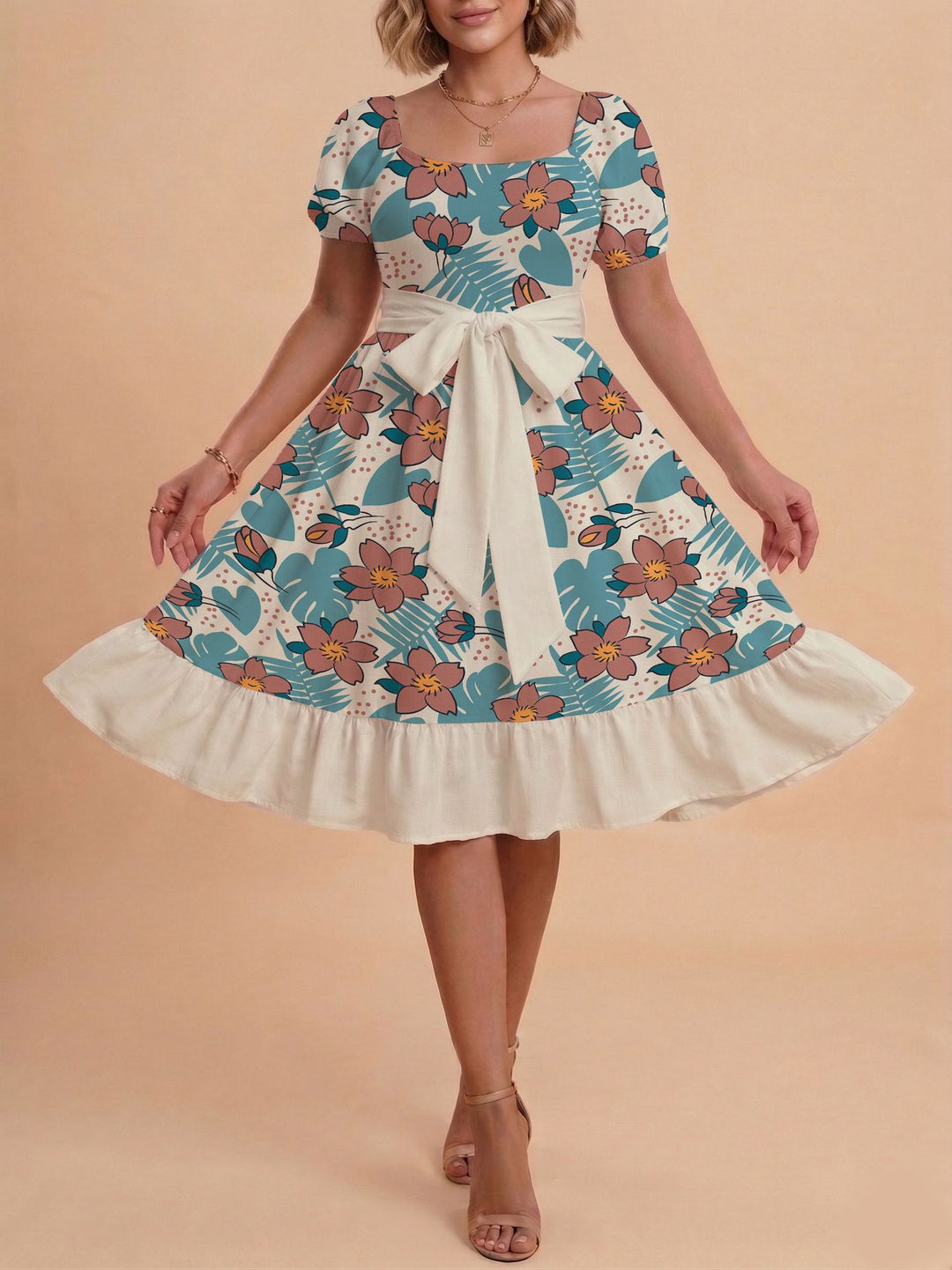 Damen Retro Maxikleid mit Puffärmeln und Taillengürtel EB