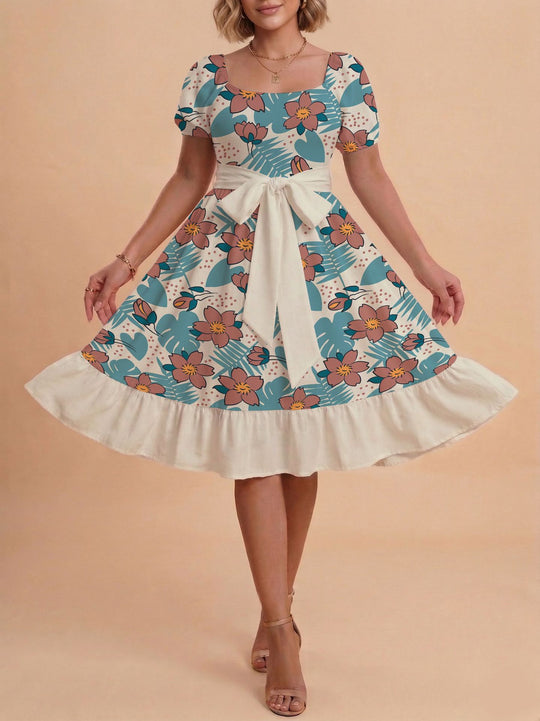 Damen Retro Maxikleid mit Puffärmeln und Taillengürtel EB