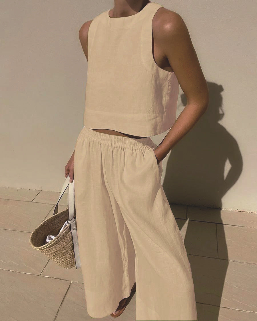 Damen luftiges Leinenoberteil mit weiter Hose EB