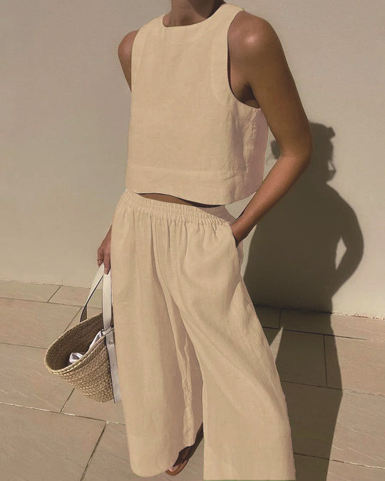 Damen luftiges Leinenoberteil mit weiter Hose EB