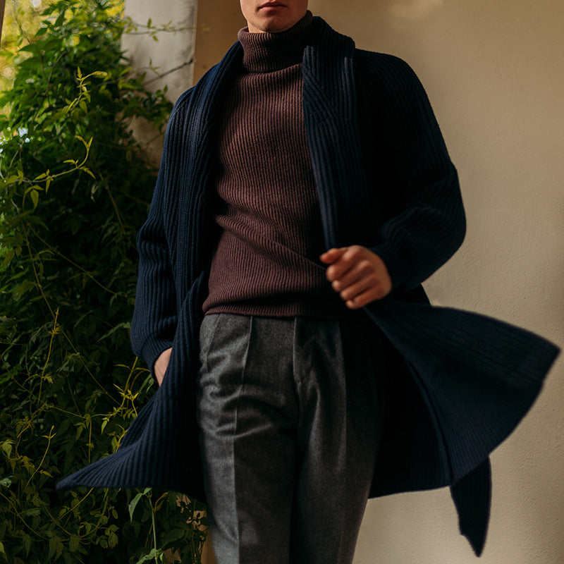 Herren Strickmantel mit breitem Gürtel und praktischen Taschen EB