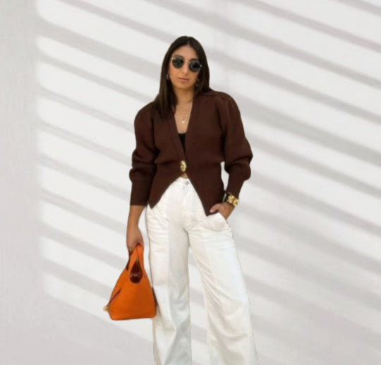Damen Elegante Strickjacke mit tiefem V-Ausschnitt und dekorativem Knopf EB