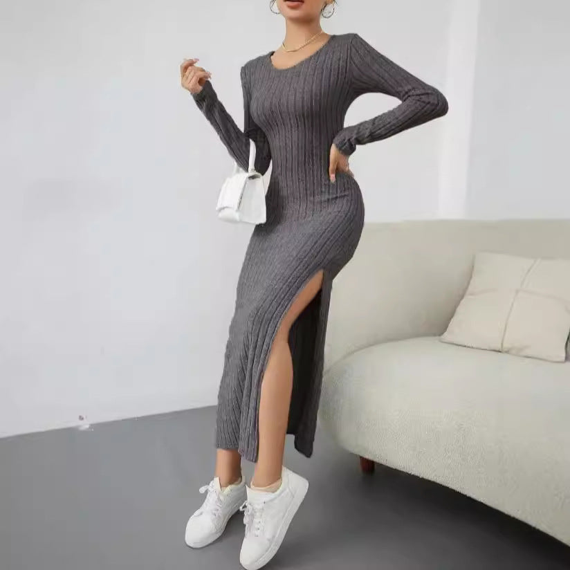 Damen Maxikleid mit seitlichem Schlitz und strukturiertem Rippdesign EB